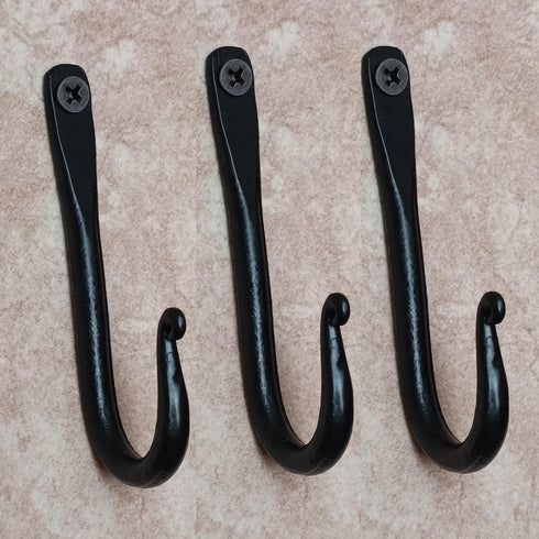 Wrought Iron Coat Hooks Set of 3, Decorative Black Wall Mounted Rustic ~ Blacksmith Handmade Rust Proof Single J Hook for Hanging Robes, Hats, Clo...