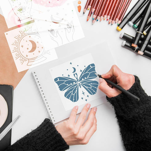 Magic Style Stencils for Painting - 20 Pcs Magic Potion Fairy Crystal Ball Stars Moon Ancient Book Flowers Mushrooms Butterfly DIY Craft Template ...