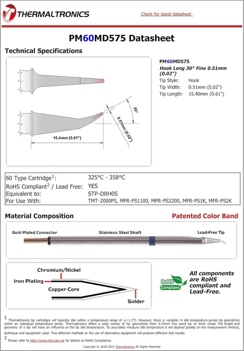 Thermaltronics PM60MD575 Hook Long 30deg Fine 0.51mm (0.02in) interchangeable for Metcal STP-DRH05...