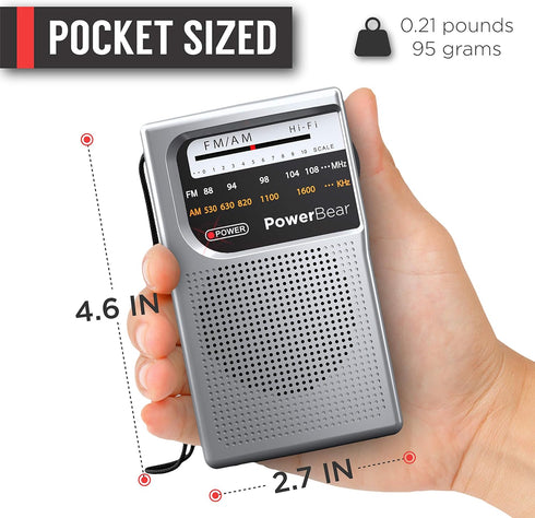 PowerBear Portable Radio | AM/FM, 2AA Battery Operated with Long Range Reception for Indoor, Outdoor & Emergency Use | Radio with Speaker & Headph...
