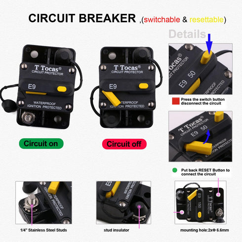 Hi-Amp 120 Amp Circuit Breaker with Manual Reset for Car Automotive Audio Boat RV Truck Solar Battery System, 12V - 48V DC, Waterproof IP67 120A...