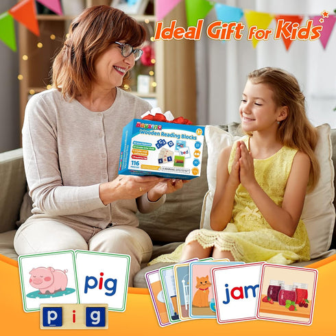 Learning Toys for 3 4 5 Years Old Kids - 116Pcs Short Vowel Letters Sorting Spelling Reading Toy Set with Double-Sided Flash Cards, Preschool Kind...