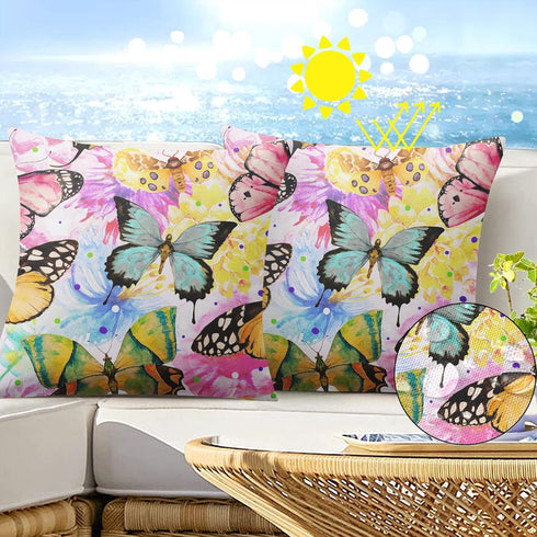 Butterfly Outdoor Waterproof Throw Pillow Covers 18 x 18 Inch Set of 2, Floral Green Tropical Pillowcase Square Cushion Case, Farmhouse Garden Dec...