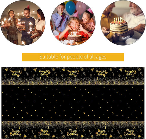 Aneco 2 Pack Black Gold Happy Birthday Tablecloths Party Table Cloth Covers Table Covers for Party Decorations Wedding Supplies, 108 x 54 Inches...