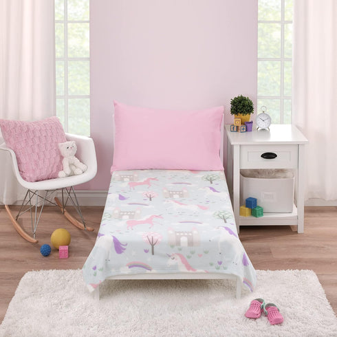 Everything Kids Unicorn Aqua, Pink and White Castles and Rainbows Super Soft Toddler Blanket...