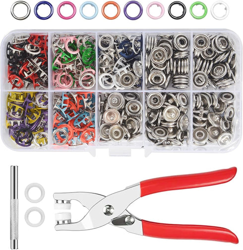 Snap Button Kit 100set, 9.5mm Snap Fasteners Kit with Pliers, Metal Snaps Kit with Tool, Five Claw Buckle Tool Set 10 colors (Hollow 100set)...