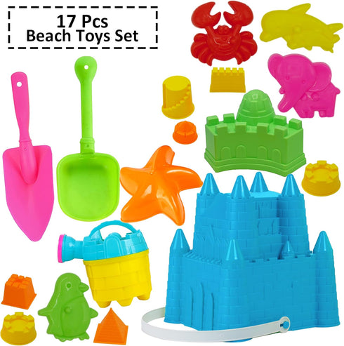 4E's Novelty Beach Toys for Kids with Bag (17 Pcs Set) Castle Beach Bucket with Shovels & Molds - Beach Toys for Kids 3-10, Sand Toys for Toddlers...