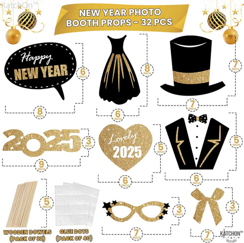 KatchOn, Glitter New Years Photo Booth Props 2025 - Pack of 32 | New Years Eve Photo Booth Props 2025, Happy New Years Decorations 2025 | New Year...