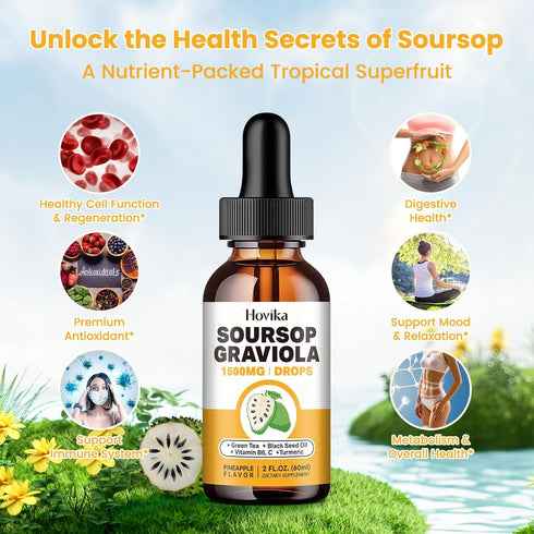 Soursop Graviola Liquid Drops 1500mg - Soursop Leaves & Fruit with Green Tea, Black Seed Oil, Turmeric for Cell Support, Immune, Antioxidant - Sou...
