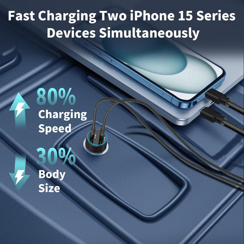 ?MFi Certified?iPhone 15 Fast Car Charger, Linocell 72W Dual PD Car Power Cigarette Lighter USB-C Fast Car Charge Adapter+2Pack Type-C Braided Cab...