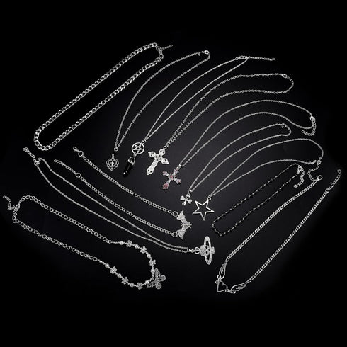 11Pcs Punk Vintage Necklace Set Goth Grunge Saturn Star Indie Butterfly Boho Crystal Y2k Cross Pendent Heart Wing Statement Choker for Women Men...