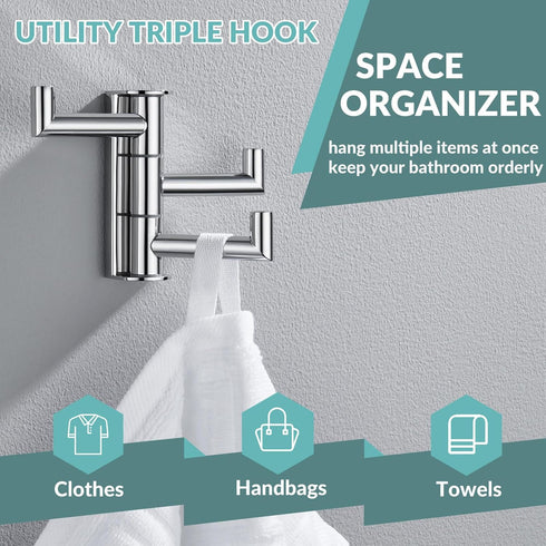 APLusee Swivel Towel Hook Polished Chrome, 304 Stainless Steel Triple Robe Hook with Multi Three Rotating Arms, Foldable Clothes Hanger, Wall Moun...