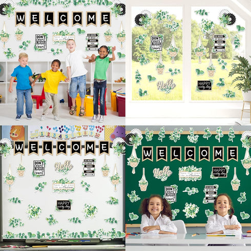 Whaline 29 Pieces Eucalyptus Bulletin Board Set Welcome Banner Simply Boho Bulletin Board Decor Boho Greenery Calendar Cutout Decorations for Back...