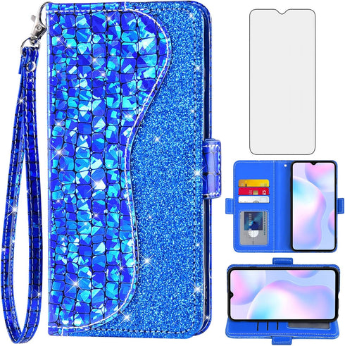 Asuwish Phone Case for Xiaomi Redmi 9A Redme 9i Wallet Cover with Tempered Glass Screen Protector and Wrist Strap Flip Card Holder Bling Glitter S...