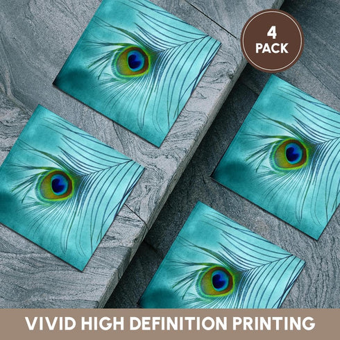 3dRose CST_211236_3 Peacock Feather on Turquoise Background Ceramic Tile Coaster (Set of 4)...