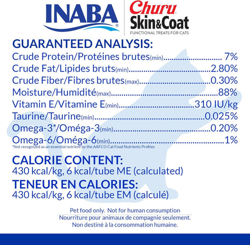 INABA Churu Lickable Purée Natural Cat Treats for Skin and Coat with Omega Oils, Taurine and Vitamin E, 0.5 Ounces Each, 24 Tubes (Four Per Packag...