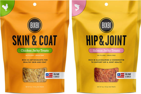BIXBI Skin & Coat Chicken Jerky Dog Treats, 5 Ounces Hip & Joint Salmon Jerky Dog Treats, 4 Ounces...