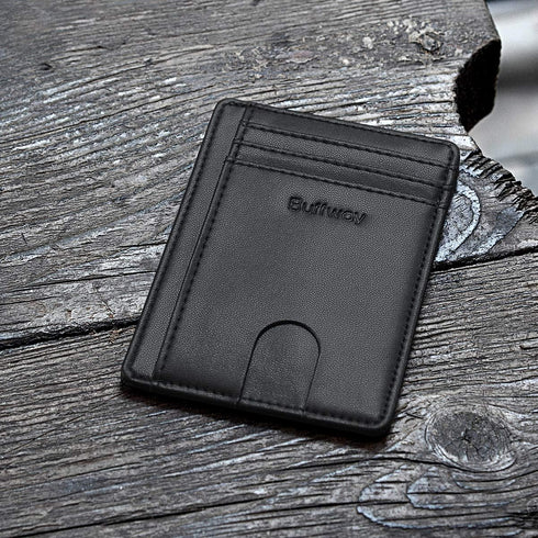 Buffway Slim Minimalist Front Pocket RFID Blocking Leather Wallets for Men and Women - Sand Black...
