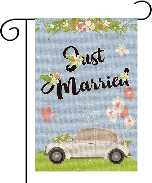 Just Married Garden Flag, Burlap Vertical Double Sided, Wedding / Engagement / Bridal Shower Party Decoration Yard Sign, Welcome to Our Wedding De...