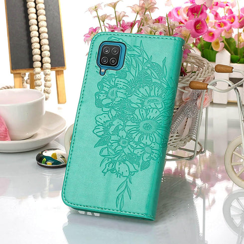 for Samsung Galaxy A12 Flip Cover Phone Case Wallet | Butterfly Floral Embossed, Wrist Strap, Card Holder Slots, Stand Leather Protective (Green)...