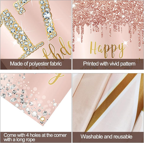 Happy 17th Birthday Door Banner Decorations for Girls, Pink Rose Gold 17 Birthday Door Cover Backdrop Party Supplies, Large Seventeen Year Old Bir...