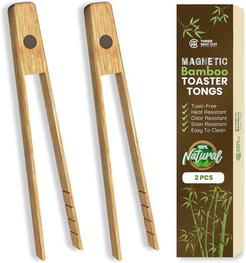 Toaster Tongs With Magnet | Bamboo Kitchen Utensils For Cooking & Holding Toast Bacon Muffin Bagel Bread | 8" Long Natural Toxic Free Magnetic | 2...
