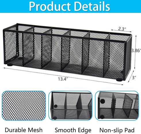 Black Mesh Pen Pencil Holder, Small Metal Desk Organizer Desktop Stationery Office Supplies Acessories Storage Stand, 6 Compartments Brushes Holde...