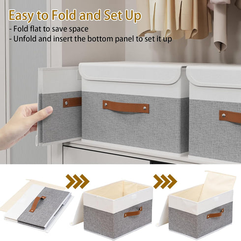 Yawinhe Storage Boxes with Lids, Linen Fabric Bin, Cube Organizer Basket, Washable and Leather Handle, for Home, Closet, White/Grey, 15.0''Lx9.8''...