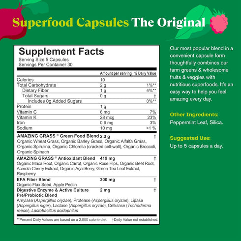 Amazing Grass Greens Blend Superfood Capsules: Super Greens with Organic Spirulina, Chlorella, Beet Root Powder, Digestive Enzymes & Probiotics, 1...