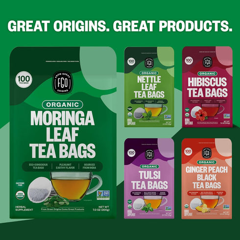 FGO Organic Moringa Tea, 100 Count, Eco-Conscious Tea Bags, Resealable Bag, Caffeine Free, Packaging May Vary (Pack of 1)...