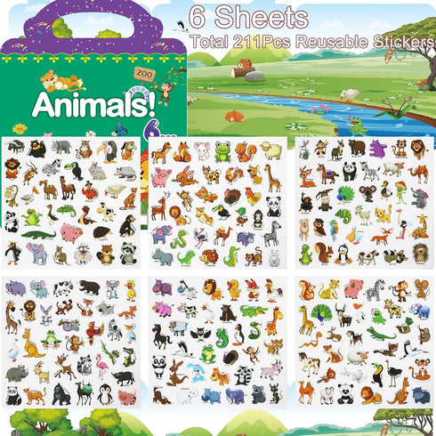 211 PCS Animals Reusable Sticker Books for Kids, 6 Sheets Reusable Stickers for Toddlers, Cute Waterproof Toddler Stickers Age 3+, Window Clings T...