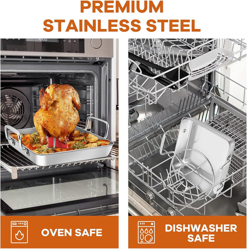 Roasting Pan with Beer Can Chicken Holder, Joyfair 9-inch Stainless Steel Square Baking Pans & Roaster Grill Racks, Great for Baking Oven BBQ Gril...