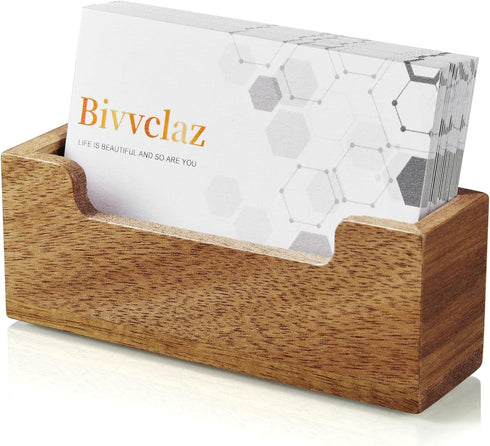 Business Card Holder for Desk, Acacia Wood Business Card Organizer Desktop Business Card Display Stand for Office Home Tabletop Exhibition, Small ...