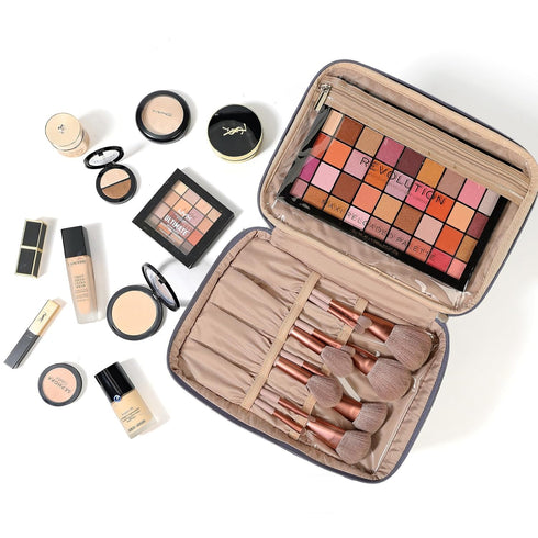 NISHEL Large Double Layer Travel Makeup Bag Women, Large Cosmetic Case, Organizer for Travel-Size Accessories Bottles, Brushes, Conditioner, and S...