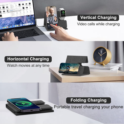 3 in 1 Wireless Charging Station for Multiple Devices, Foldable Travel Wireless Charger for iPhone 15 14 13 12 11 Pro Max IWatch 2-8 Series AirPod...