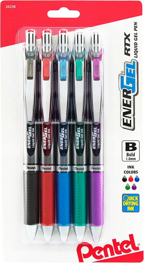 Pentel Energel RTX Retractable Liquid Gel Pen, Bold Line, Metal Tip, Assorted Ink Pack of 5 (BL80BP5M)...