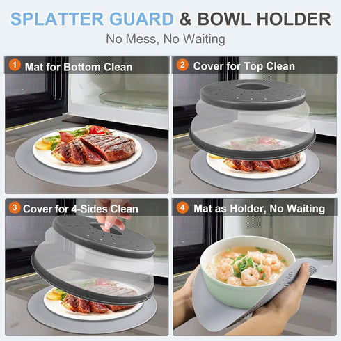 10 Inch Microwave Food Cover & Collapsible Silicone Mat - Splatter Guard, Plate Holder & Kitchen Colander for Meal Prep, Charcoal...