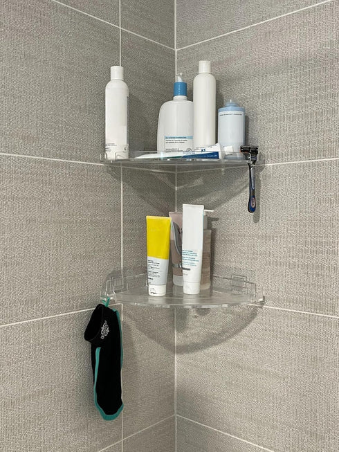 JiePai Acrylic Corner Shower Caddy Shelf with Hooks 2 Pack, Adhesive Wall Mounted Bathroom Shower Organizer for Inside Shower & Kitchen Storage, S...