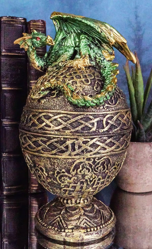 Ebros Gift Green Dragon Perching On Celtic Knotwork Tattoo Relic Golden Egg Decorative Jewelry Box Figurine 6.25" High Fantasy Myths Legends Dunge...