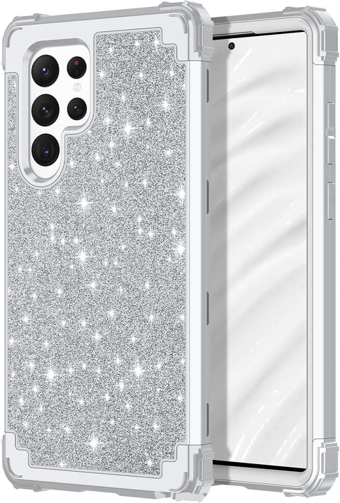 LONTECT for Galaxy S22 Ultra 5G Case Three-Layer Shockproof Heavy Duty Hybrid Sturdy High Impact Protective Cover Glitter Sparkly Bling Case for S...
