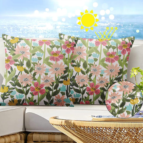 Wildflower Outdoor Waterproof Throw Pillow Covers 18 x 18 Inch Set of 2, Yellow Green Pillowcase Square Cushion Case, Farmhouse Garden Decorative ...