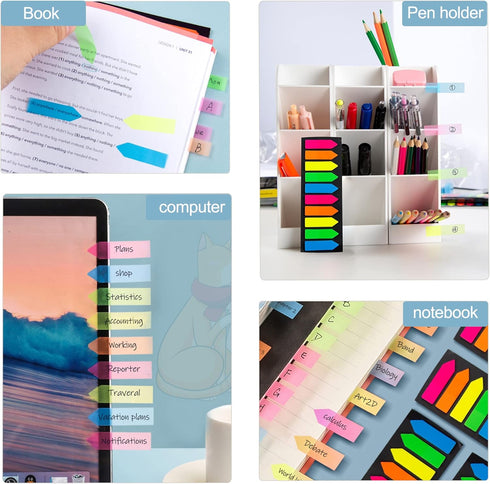 Fluorescent Translucent Sticky Note Flags, 2400 Pcs Total, Pack of 10 Color Tabs, Arrow Sticky Notes, Page Flag Markers, Arrow Index Tabs...