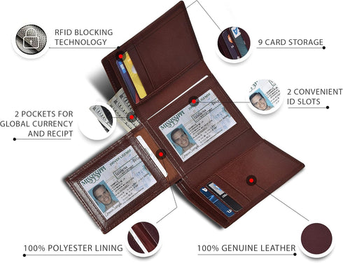 Real Leather Mens Trifold Wallet RFID Blocking Slim Minimalist Front Pocket - Thin & Stylish with ID Window in Gift Box...