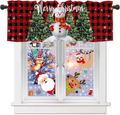 Christmas Valance for Windows Snowman with Xmas Tree Window Toppers Valances Rod Pocket 1 Panel Red Buffalo Plaid Check Window Treatments for Kitc...