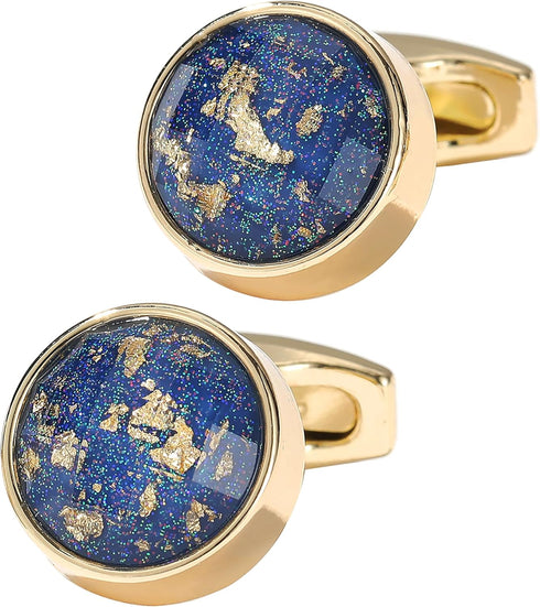 Polyhedral Blue/Black Gemstone Round Cufflinks for Men In Gift Case Golden/Silver Tone Unisex Cufflinks Jewelry Set for Wedding Party Anniversary ...