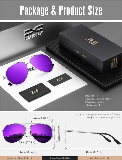 LUENX Aviator Sunglasses for Women Men Polarized Lens Trendy Sun Glasses - UV 400 Protection 60MM with Accessories Driving...