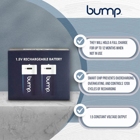 bump D 1.5V Rechargeable Batteries - 2 Pack - Lithium Ion, High Output, Fast & Long Lasting USB-C Charge, Use in Flashlights, Devices w/Extended R...