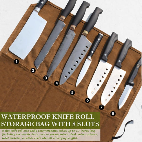 Waxed Canvas Knife Roll Bag,Portable Knife Cultery Carrier,Professional Chef Knife Case,Waterproof Knife Roll Storage Bag with 8 Slots,Holds 8 inc...