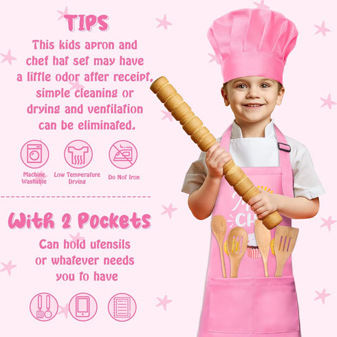 R HORSE Kid Apron and Chef Hat Set 2Pcs Adjustable Children Light Pink Kitchen Apron, Dress up Role Play Chef Toy Cooking Baking Painting and Trai...