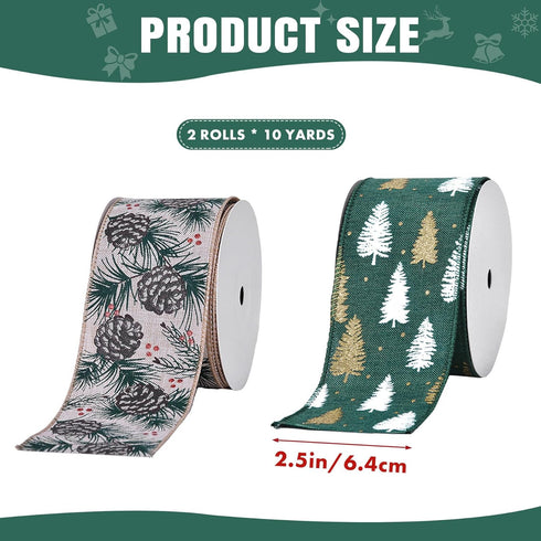 20 Yard Christmas Tree Wired Edge Ribbons 2 Rolls Pineapple Glitter Wire Craft Ribbon for DIY Christmas Wreaths Bows Wrapping Present Decoration, ...